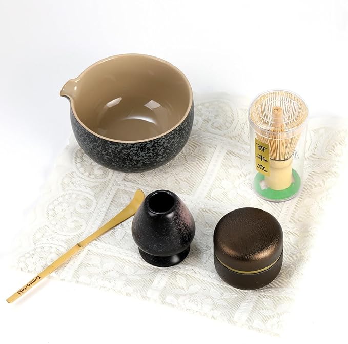 5-Piece Traditional Matcha Set beautifully crafted ceramic Japanese matcha bowl, chasen holder, natural bamboo whisk, spoon, and airtight matcha tin container – Perfect for ceremonial-grade matcha