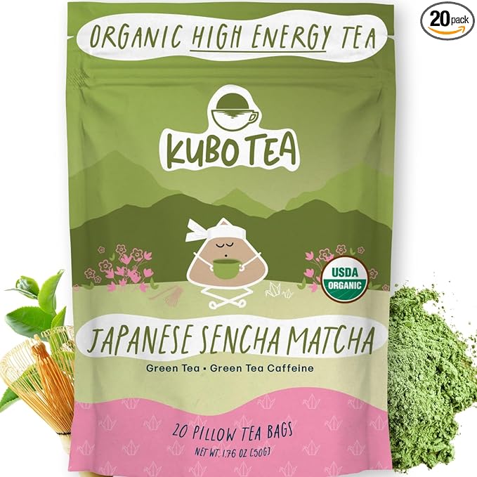 High Caffeine Tea (140 mg) - Kubo Tea: Organic Japanese Matcha Green Tea Bags for Focus, Calm Energy & Clarity | Healthy Coffee Substitute | Matcha Energy Blend | 20 Ct | Compostable Packaging