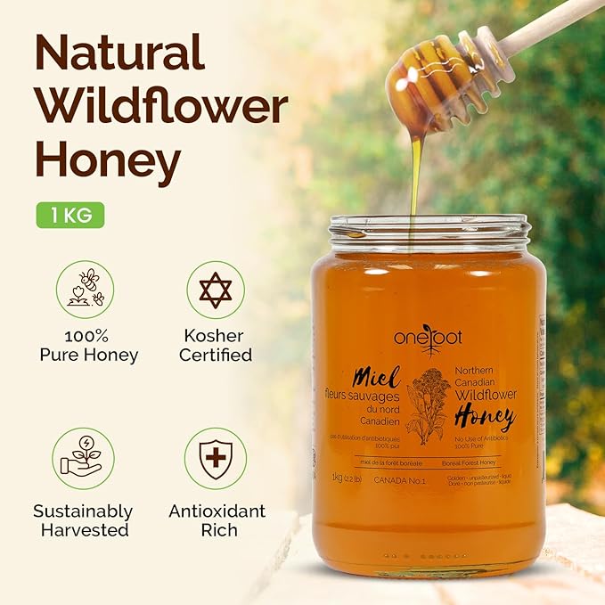 OneRoot Natural Wildflower Honey - 2.2 lbs / 1kg, Pure Canadian Boreal Forest Honey - Unpasteurized, Minimally Filtered & Single-Source - Rich in Enzymes & Antioxidants