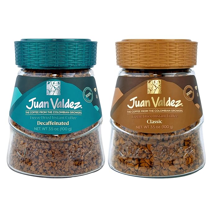 Juan Valdez Freeze-Dried Instant Coffee Bundle - Regular & Decaffeinated | 100% Colombian Arabica Beans | Smooth & Rich Taste - Premium Colombian Coffee | 2 Jars - 3.5 oz (100 g) Each