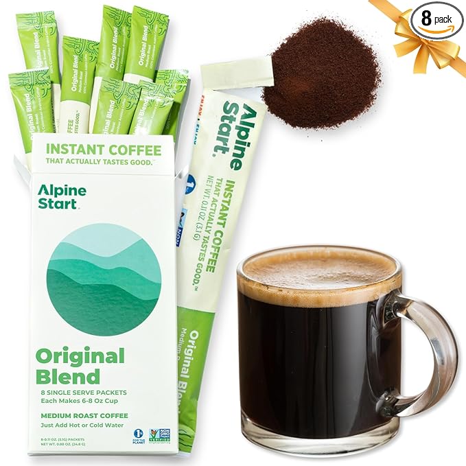 Alpine Start Instant Coffee Medium Roast Original Blend from High Altitude Arabica Beans, Enjoy Hot or Cold, Dairy Free, Soy Free (0.11 Oz) Pack of 8