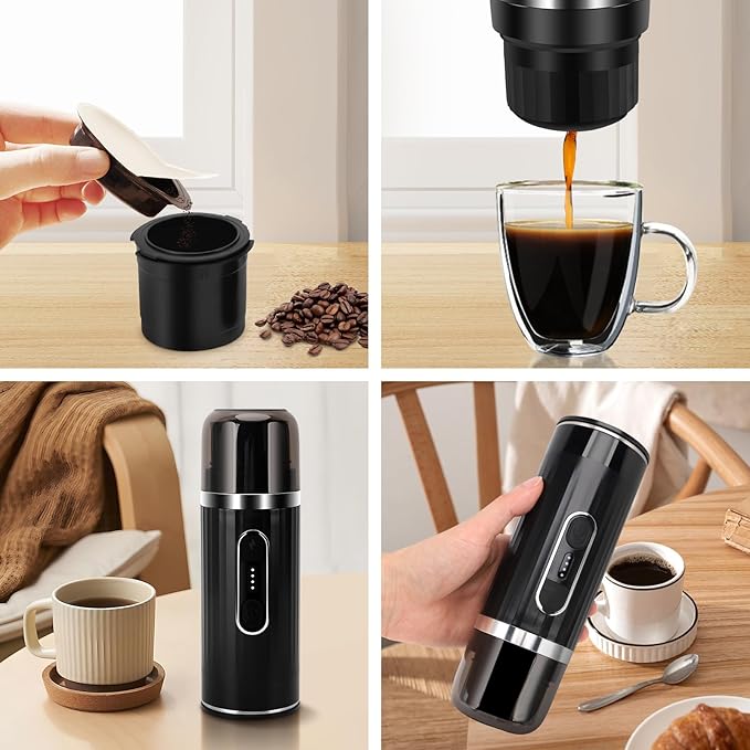 Portable Espresso Machine, Travel Espresso Maker, Car Coffee Maker Self-Heating with USB-C, Compatible with Ground Coffee & Capsules (NS＆DG) for RV, Hiking, Camping, Office