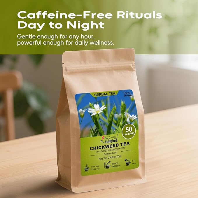 FullChea - Chickweed Tea, 50 Teabags - Premium Natural Chickweed Herb - Non-GMO - Caffeine-Free Herbal Tea - Soothe Skin & Support Respiratory Comfort