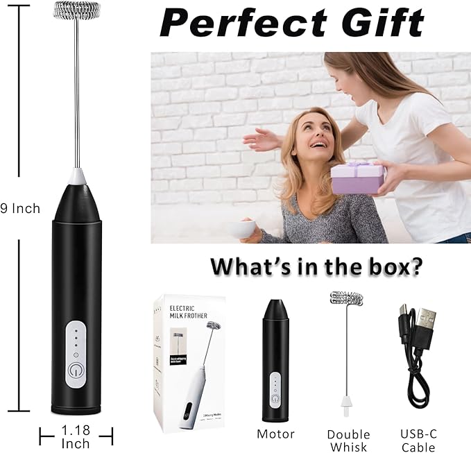 Rechargeable Milk Frother, Handheld Drink Mixer Electric Foam Maker for Coffee with Stainless Steel Whisk ＆ 3 Speeds, USB-C Coffee Frother Wand for Latte, Matcha, Protein Powder, Xmas Gift (Black)