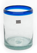 Set of 6 Hand-Blown Tumbler (10 oz) Glasses from Mexico with Cobalt Blue Rim - Rustic & Handcrafted Recycled Bubble Glass Drinking Glassware