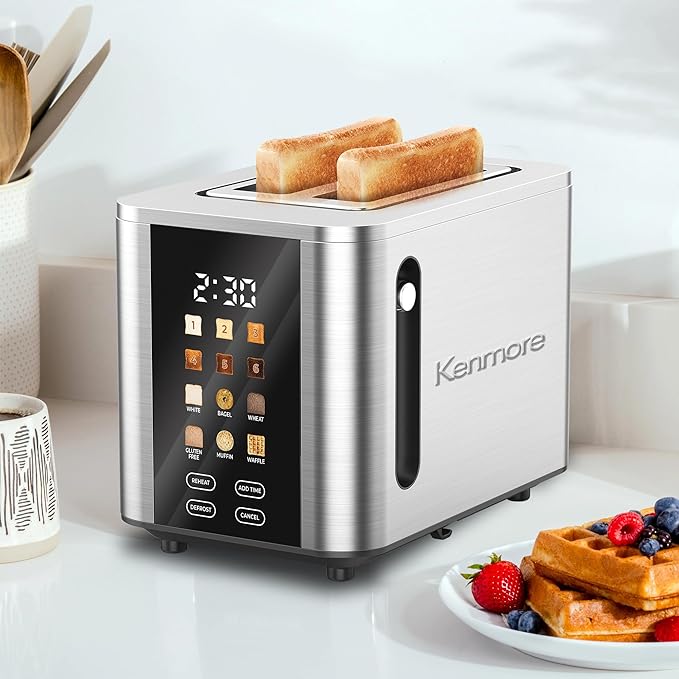 Kenmore 2-Slice Toaster | Color Touch Screen & 6 Shade Settings | Extra Wide Slots | Digital Countdown Timer | Customizable Smart Presets | Reheat, Defrost, Add Time Functions | Stainless Steel