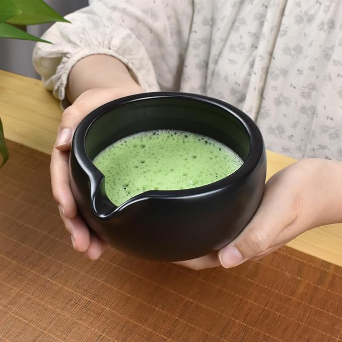 Artcome 4 Pcs Complete Matcha Ceremony Kit - Bowl With Pouring Spout, Whisk, Holder, Scoop - Japanese Tea Set for Making Usucha, Koicha and Latte (Black)