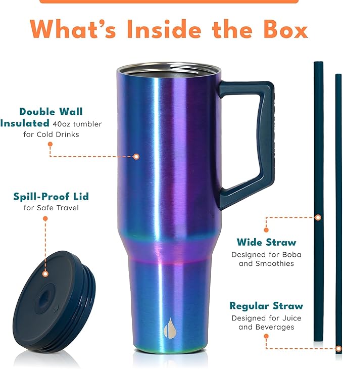 Elemental 40 oz Tumbler with Handle and Straw - Spill Proof Insulated Stainless Steel Commuter for Hot and Cold Beverages - Travel Coffee Mug with 2 Straws & Spill Proof Lid - 40oz - Iridescent