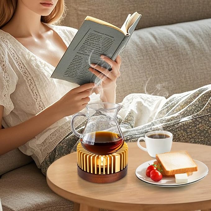 Teapot Warmer, Aluminum Tea Warmer with Wooden Base, Candle Heater for Heating Tea, Coffee, Milk, Food,Camping and Traveling, Universal Teapot Heater (Small-with Wooden Base)