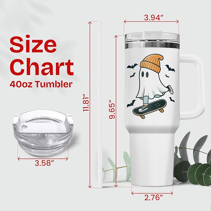 34HD Boo Ghost Tumbler with Handle & Straw, 40oz Skateboarding Cup, Creep It Real Mug, Skateboard Gifts for Boy Men Women, Cool Gifts for Halloween Birthday Halloween