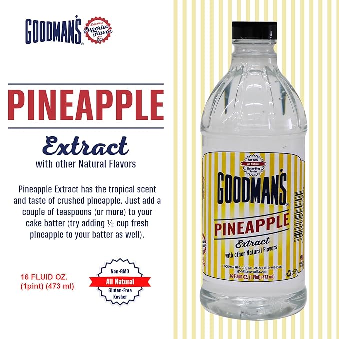 Goodman's Natural Pineapple Extract - Gluten-Free, Non-GMO, Kosher, Low Carb & Low Calorie, Low Alcohol, No Artificial Color, No Animal Products, No Sugar -Tropical Flavor for Baking & Cooking -1 Pint