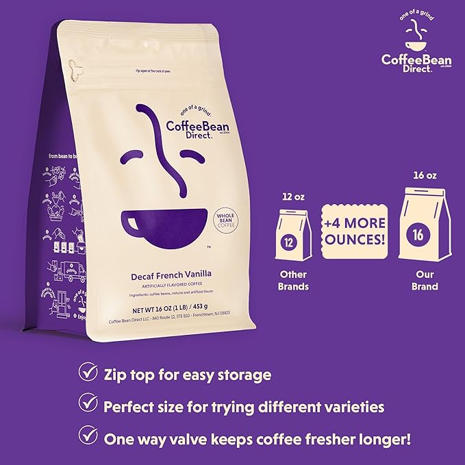 Coffee Bean Direct Decaf French Vanilla Flavored, Whole Bean Coffee, 1 Pound Bag (Pack of 1)