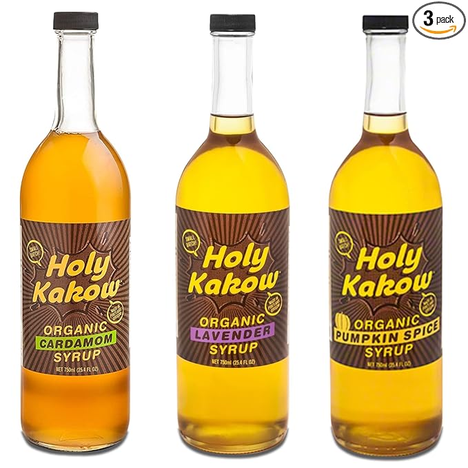 Holy Kakow Cafe Organic Syrup Variety Pack - Pumpkin Spice Syrup, Lavender Syrup, Cardamom Syrup, Organic Syrup for Coffee, Lattes - 750ml 3-Pack