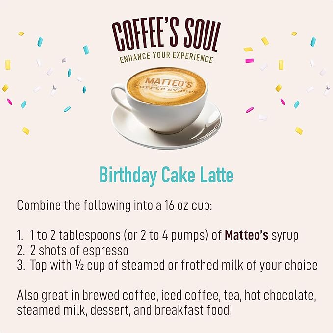 Matteo's Birthday Cake Syrup for Coffee, Lattes, Cappuccinos & Desserts – Sugar-Free Sweetener for Beverages, Keto Friendly, Zero Calories, Indulgent Flavor, Non-Alcoholic, 33.8oz (1pk)