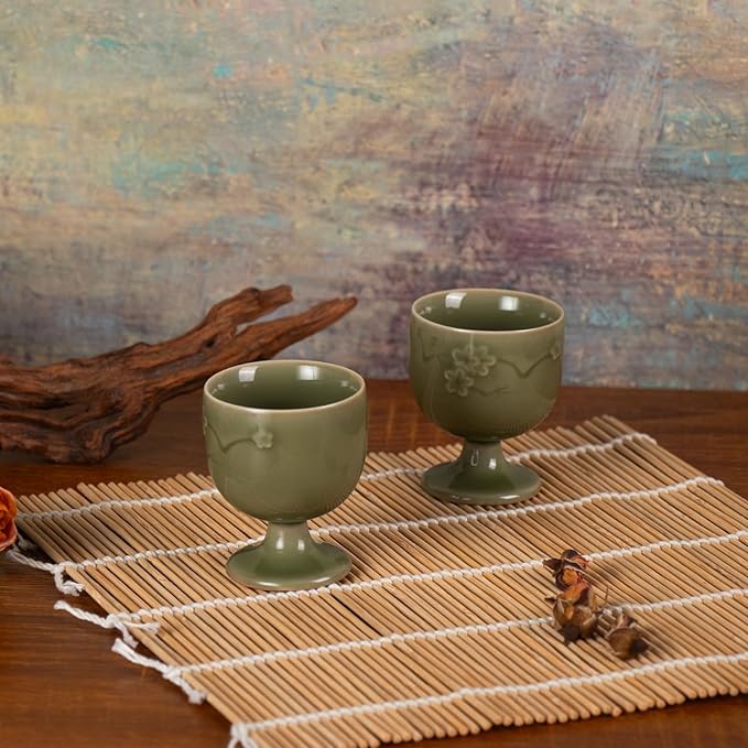 KAMMAK Tea Cup, Porcelain Tea Cups Set, 1.6oz Small Tea Set of 2 for Home, Office, Party, Ceramic Teacups with Short Stem, Chinese Kungfu Tea Set for Hot/Cold Drink（Mugwort Green