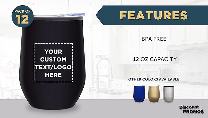 Custom Stemless Wine Tumblers 12 oz. Set of 12, Personalized Bulk Pack - Insulated, Perfect for Wine, Cocktails, Other Hot & Cold Beverages - Black