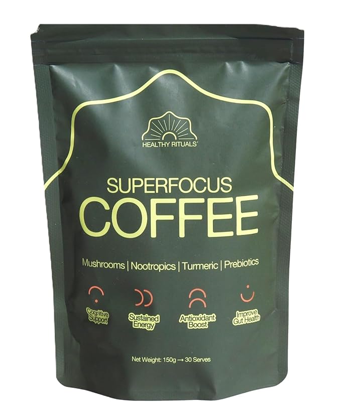 Healthy Rituals SuperBlend Instant Coffee Powder with Lion’s Mane Mushroom, MCT Oil, L-Theanine, Turmeric, Prebiotic Fiber and L-Carnitine, for a Smooth Coffee Ritual, 150 g