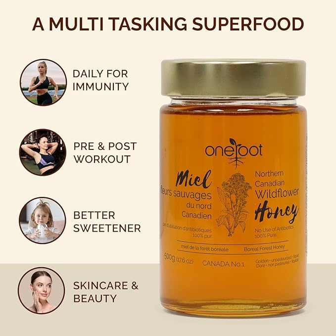 OneRoot Natural Wildflower Honey - 1.1 lbs / 500g, Pure Canadian Boreal Forest - Unpasteurized, Minimally Filtered & Single-Source - Rich in Enzymes & Antioxidants - Raw Liquid Honey