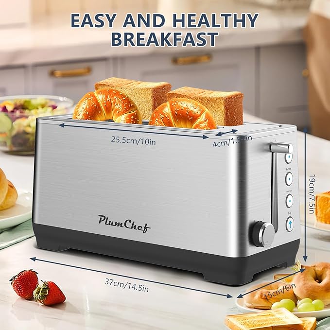 4-Slice Toaster, Extra Wide Long Slot Toaster, 6 Browning Settings, Bagel/Defrost/Reheat Functions, Removable Crumb Tray, Stainless Steel Housing (Stainless Steel)