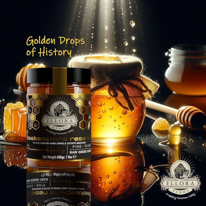 Ellora Farms Greek Honey Single Estate PDO, Pine & Thyme Honey Unfiltered, Beautiful Gift Pack with Dipper, Beekeepers Reserve, Raw & Unfiltered, Gluten Free - 450g (16oz)