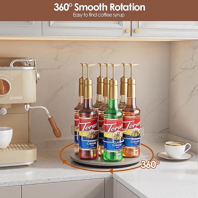Rotating Coffee Syrup Organizer, 7 Bottles Coffee Syrup Rack for Countertop Syrup Bottle Holder Stand for Coffee Bar Station, Carbon Steel Frame with Wooden Base Coffee Bar Accessory, White