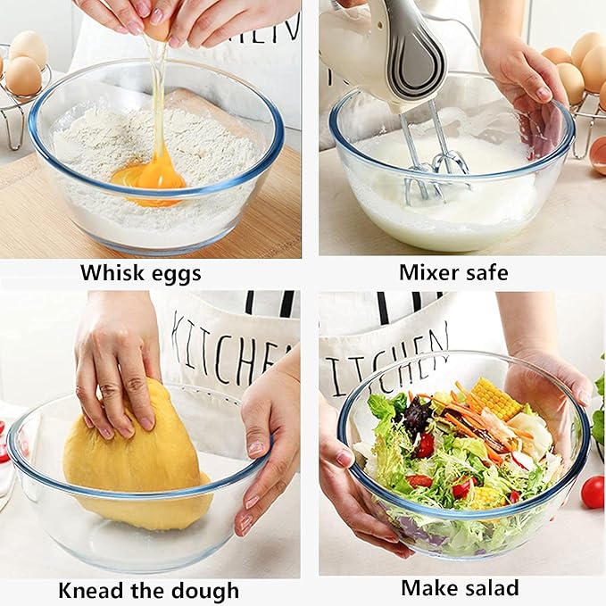 Glass Mixing Bowl Set for Baking 3-Piece Salad Bowl Set (1qt, 2.5qt, 4.2qt), High Brosilicate Large Bowls for Kitchen Prepping Serving and Storage, Microwave Dishwasher Oven Safe