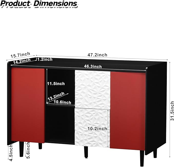 47" Buffet Cabinet with Storage, Modern Coffee Bar, Kitchen Cabinet with 2 Push-to-Open Drawers and 2 Red Doors for Dining Room, Living Room