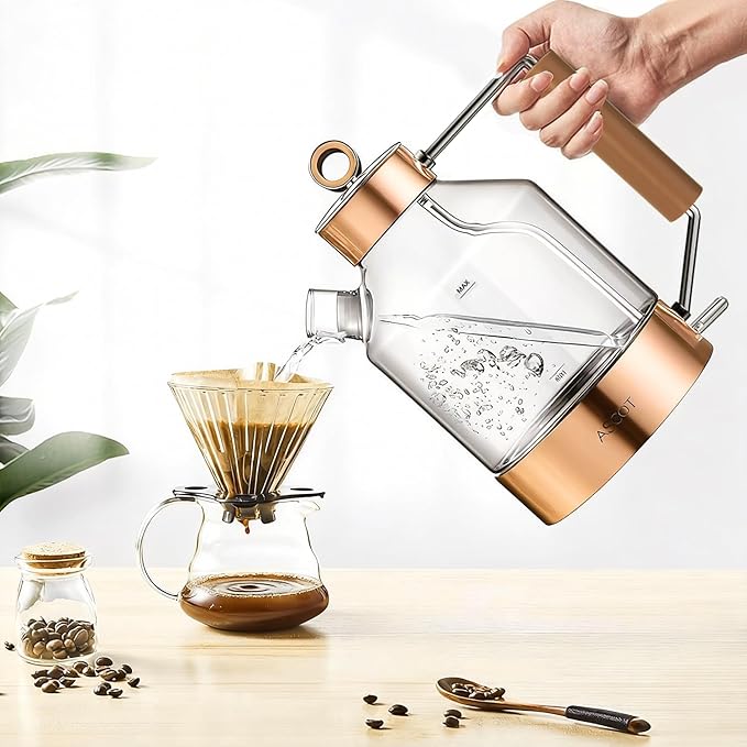 Electric Kettle, ASCOT Glass Electric Tea Kettle 1.5L 1500W Retro Tea Heater & Hot Water Boiler, No Plastic, BPA-Free, Cordless, with Auto Shut-Off and Boil-Dry Protection (Rose Gold）