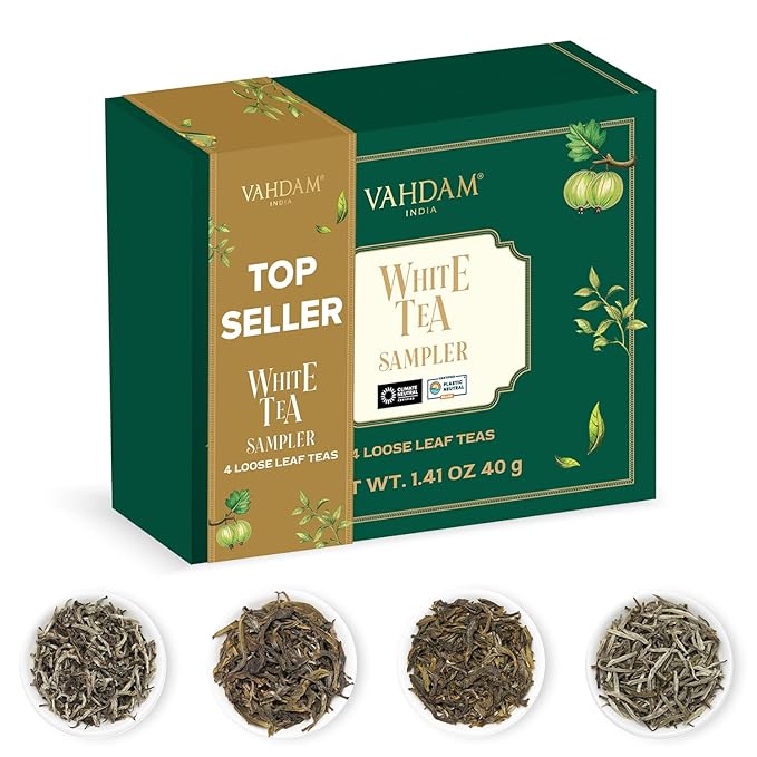 VAHDAM, Assorted White Tea Sampler Gift Set, Gluten Free, Non GMO - 4 Unblended White Loose Leaf Tea Sampler | Tea Variety Pack | Christmas Tea Gift Set