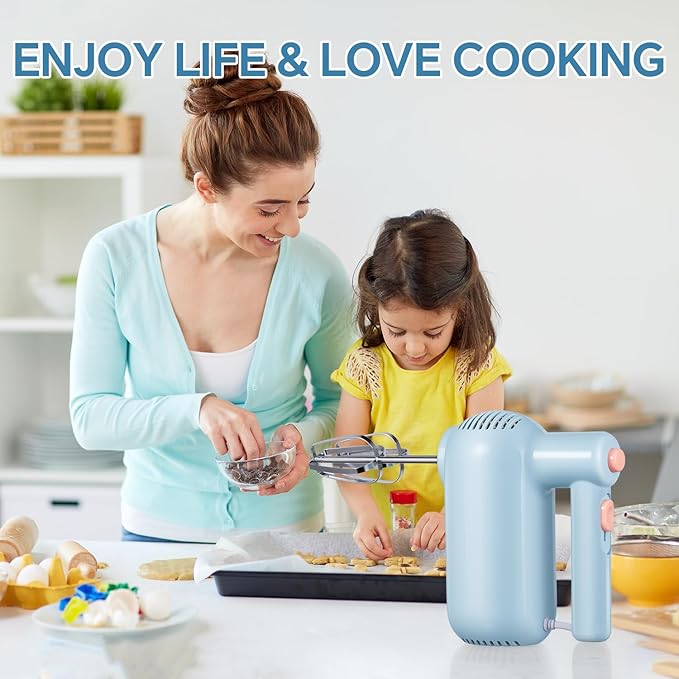 Hand Mixer Electric, 5-Speed Kitchen Mixer Handheld Mixer with Turbo Ultra Power, 4 Stainless Steel Accessories for Whipping Mixing Cake Egg Cream, Small Blue Baking Mixers, Christmas Gifts for Women