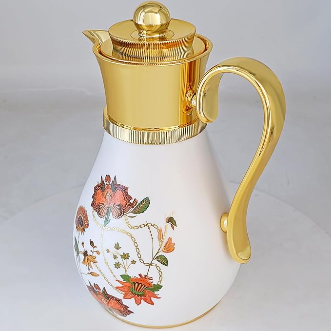 Arabic-Style Insulated Thermal Coffee Carafe, 33 oz, Coffee Pot,Insulated Carafe Flask for Hot Cold Drink Tea,Housewarming Ornaments (Flower)