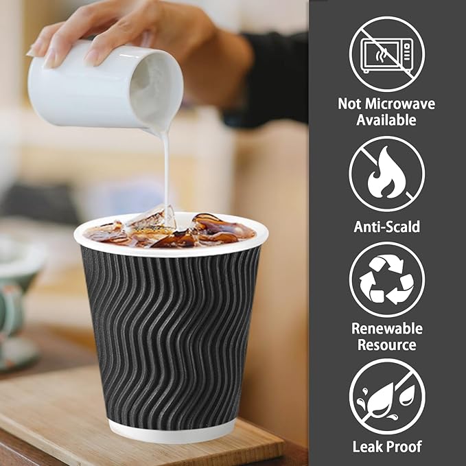 Lamosi Disposable Coffee Cups 10 OZ 100 Pack, Paper Coffee Cups 10 OZ for Hot Drinks or Cold Beverages, Insulated Corrugated Ripple Wall Cup No Lids for Office, Cafe, Home or Travel (Black)