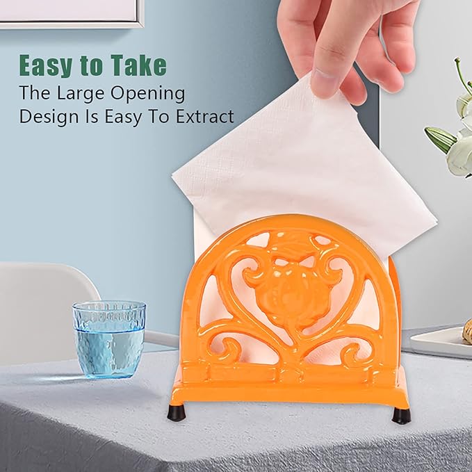 Napkin Holder for Table - Vintage Farmhouse Kitchen Restaurant Cast Iron Napkin Holder for Dinner Cocktail Paper Napkins, Orange