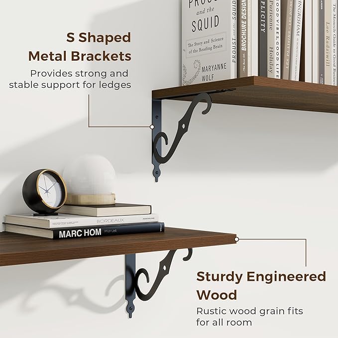 RICHFOCUS 12 Inch Deep Floating Shelves for Wall, 16" W x 12" D Wood Wall Shelves Set of 2, Wide Floating Shelves for Living Room, Bedroom, Kitchen, Bathroom and Decor Storage, Walnut