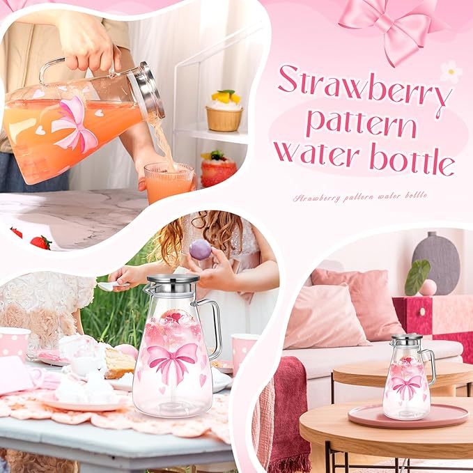 Domensi 74 oz / 2200 ml Glass Pitcher with Lid Water Pitcher with Handles Beverage Water Jar Glass Jug Hot and Cold Resistant Carafe for Tea Juice Milk Coffee Iced Beverage (Pink Bow)