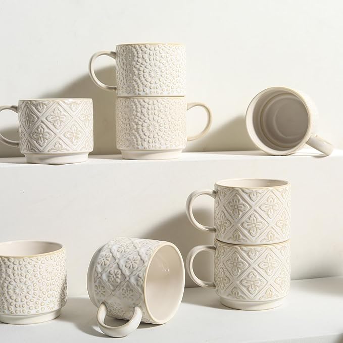 6 Oz Coffee Mugs with Stand, Stackable Coffee Cups Set of 4, Ceramic Espresso Cups, Embossed Cappuccino Cups for Latte, Cocoa, Mocha, Tea, Housewarming Wedding Present, Dishwasher Safe