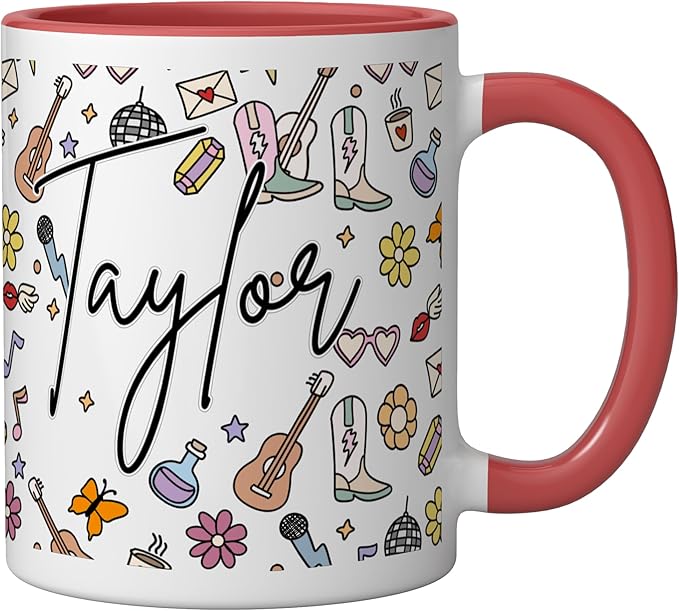 Girl Retro Taylor First Name Coffee Mug for Men Women Ceramic Mug, Red/White