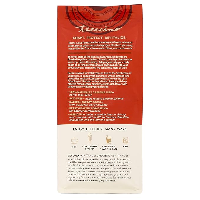 Teeccino Reishi Eleuthero Coffee Alternative - French Roast - Organic Adaptogenic Herbal Mushroom Coffee, Dark Roast, Caffeine Free, Prebiotic, Acid Free, All-Purpose Grind - 10 Oz (Pack of 6)