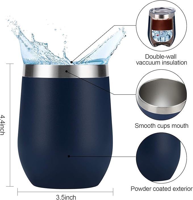 8 Pack 12Oz Stainless Steel Wine Tumblers, Insulated Wine Tumbler, Double Wall Insulated Wine Glass, Stainless Steel Stemless Wine Cups with Lids for Coffee, Wine, Cocktails, Champaign, Navy Blue…