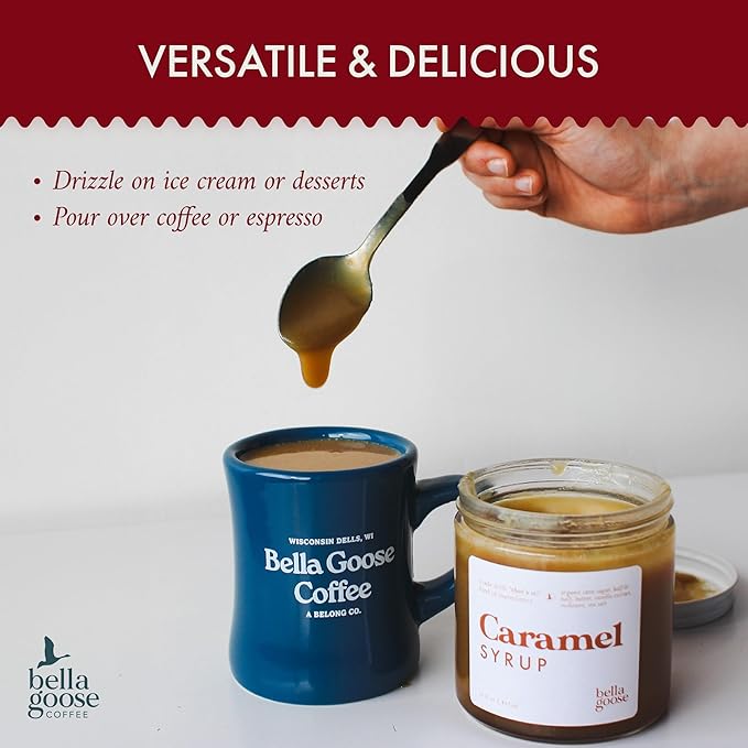 Bella Goose Salted Caramel Coffee Syrup (16oz) - Homemade Pure Cane Sugar Syrup for Lattes, Desserts, & Ice Cream - Clean Ingredient - No Artificial Flavors, Oils, Dyes, Preservatives - Syrups for Coffee Drinks