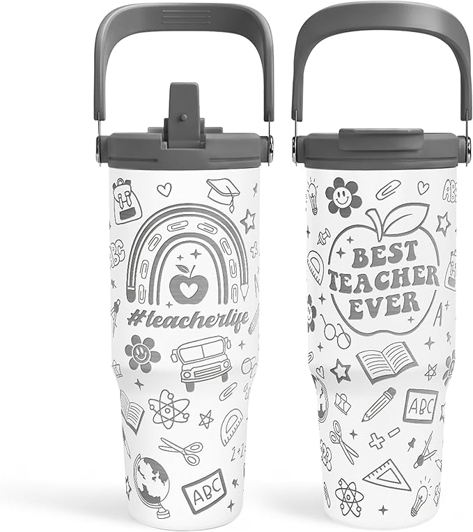 Teacher Appreciation Gifts, Best Teacher Ever Tumbler 30oz, Stainless Steel Insulated Tumblers Coffee Travel Cup with Handle & Flip Straw, Teachers Gifts from Student for Birthday Christmas Grad