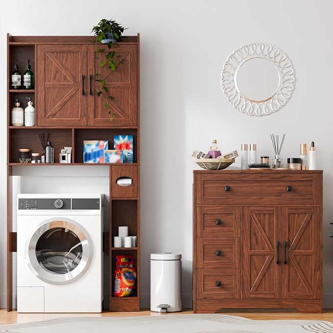 Vabches Farmhouse Storage Cabinet with 2 Doors and 4 Drawers, Freestanding Bathroom Storage Cabinet Kitchen Pantry, Floor Hutch Cupboard for Living Room/Bathroom/Kitchen,Walnut