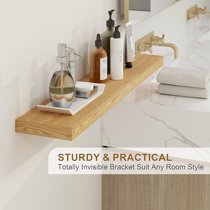 Fun Memories 55 Inch Fireplace Mantel - Long Floating Shelf, Wall Mounted Farmhouse Display with Invisible Heavy Duty Metal Bracket, Oak