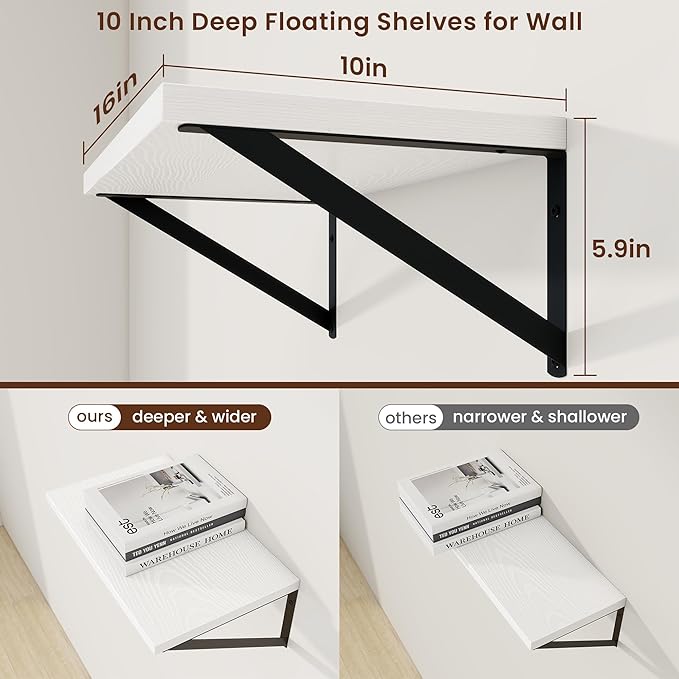 Axeman White Floating Shelves for Wall - 10 Inch Deep Floating Shelves Set of 2-16 Inch Wide x 10 Inch Deep White Wall Shelves for Living Room Bathroom Bedroom