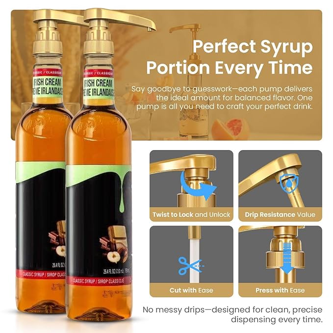 Syrup Pump for Coffee Syrup Bottles – 2-Pack Dispenser Pumps Fits 750ml / 25.4 oz Flavoring Syrup Bottles – Compatible with Torani & More – Gold Coffee Syrup Dispenser Pump for Home & Cafe Use