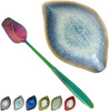 Coffee Spoon and Rest for Coffee Bar Accessories, Leaf Small Spoon Rest for Coffee Station, Tea Spoon Rest Tea Spoon Holder Teaspoon Rest, 1 PC (Retro Sea Blue with Rainbow Rose Spoon)