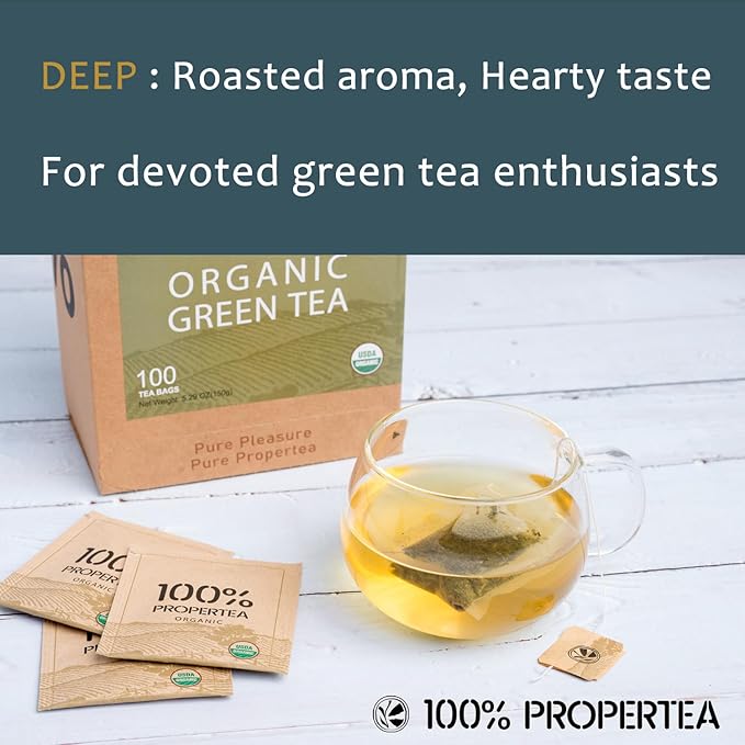 100% Propertea Organic Green Tea Bags, 100 Count, Individually Wrapped, Deep Taste, Caffeinated, Rich in Antioxidants