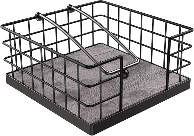 Homode Farmhouse Napkin Holder, Wooden Napkin Holders for Paper Napkins, Square Kitchen Napkin Dispenser for Tables, Flat Napkin Basket with Weighted Arm, Rustic Gray