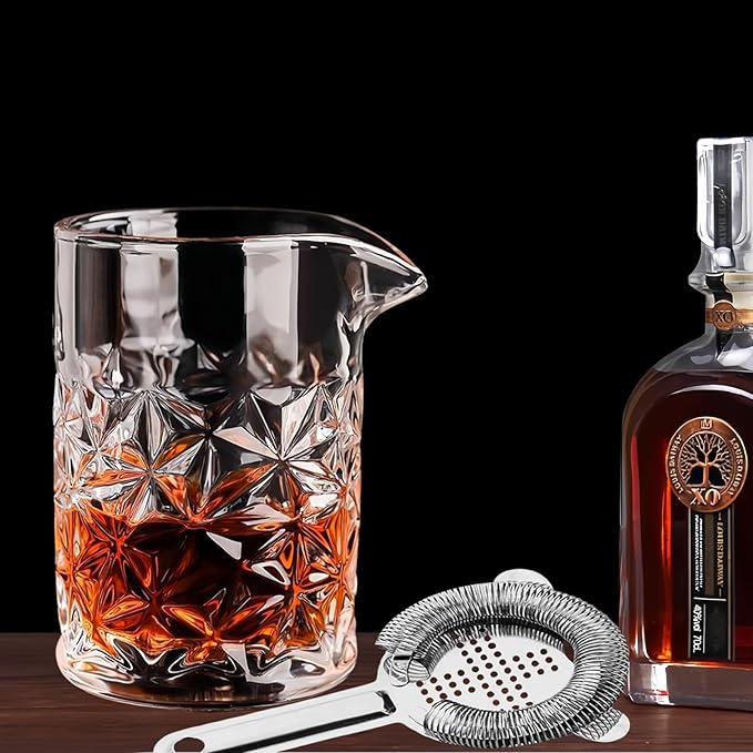 Cocktail Mixing Glass Set with Hawthorne Strainer, 2-Piece Crystal Kit, Bar Trainer, Old Fashioned Mixing Glass