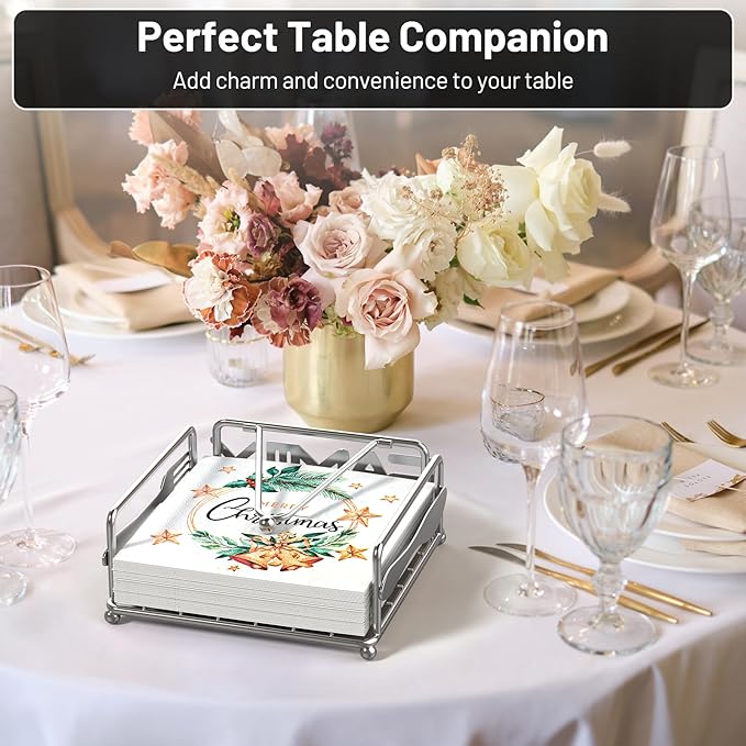Napkin Holder for Table, Flat Napkin Dispenser with Weighted Arm, Square Cocktail Paper Holder of Elegant Rustic Iron for Kitchen Dining Room Decor Restaurant Farmhouse Hotel Party, Silver